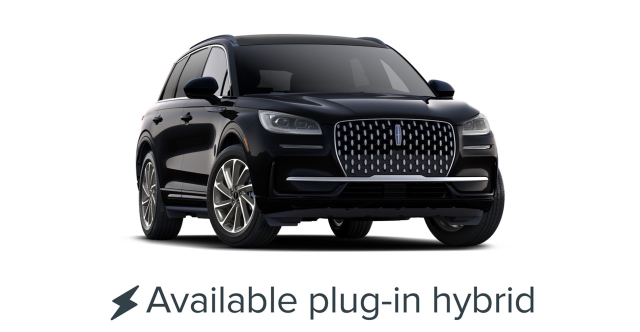 An exterior profile image of a 2025 Lincoln Corsair® Premiere model in Infinite Black. Available plug-in hybrid model shown.