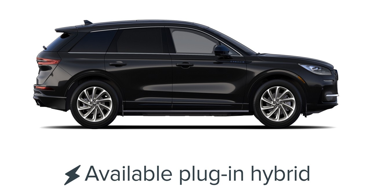 An exterior profile image of a 2025 Lincoln Corsair® Premiere model in Infinite Black. Available plug-in hybrid model shown.